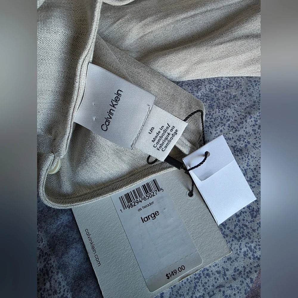 New Calvin Klein Linen Stretch Elegant Cream Midi Dress Large - Picture 7 of 13